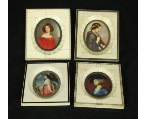 Four ivory framed portrait miniatures in the 19th Century styleEach depicting classical figures, largest example 8x6cm