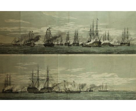 A hand coloured print of The Fleet at the Great Naval Review of Spithead 1856Drawn by E Duncan, 50x75cm, framed and glazed.