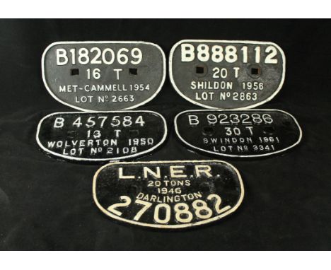 Five assorted cast metal railway engine plaquesTo include 'B888112 20T Shildon 1956 lot no 2863', 'L.N.E.R 20 Tons 1946 Darli