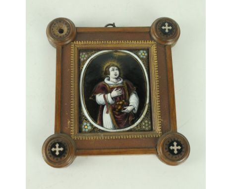 A 19th Century Limoges enamel on copper portrait miniature IconDepicting 'Laudin, Emailtirour', inset within oak frame with l