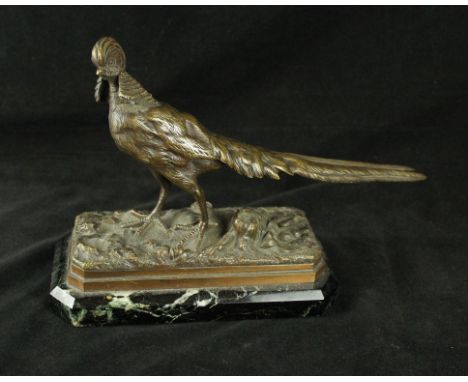 A reproduction cast bronze Chinese Golden PheasantRaised on veined marble plinth base, height 19cm, length 29cm 