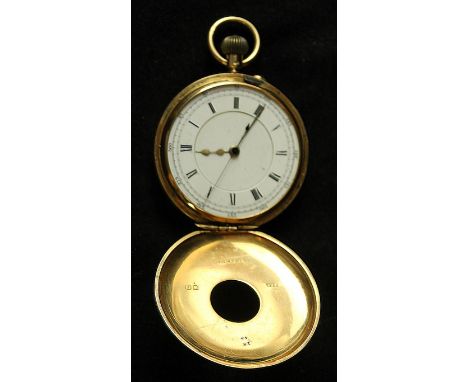 A gents 18ct gold half hunter pocket watchThe circular dial with Roman numerals, diameter of case 52mm, approximate weight 12