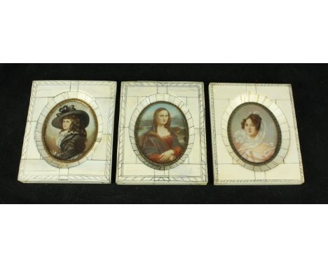 Three 19th Century style portrait miniaturesEach inset within ivory piano key frames and depicting classical figures to inclu