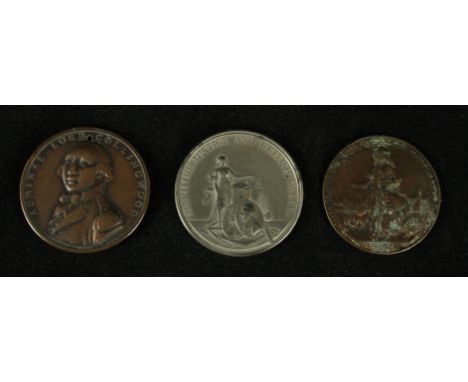 A white metal medal commemorating the battle of Copenhagen, 1801With inscription 'Maritime Justice and British Valor', bronze