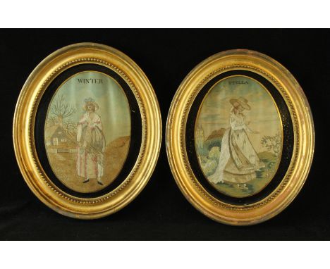 A pair of 18th Century oval silk tapestry panelsEntitled 'Stella' and 'Winter' each depicting classical figures in landscape 
