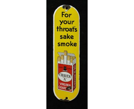 An original advertising enamel finger plate sign'Craven "A" Virginia Cigarettes for your throat's sake smoke', length 28cm, w