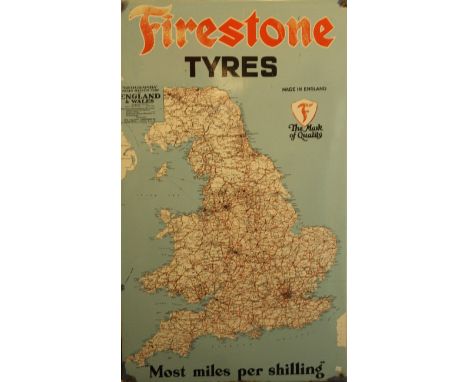 An original advertising enamel sign'Firestone Tyres' depicting a map of England & Wales, 122x73cm 