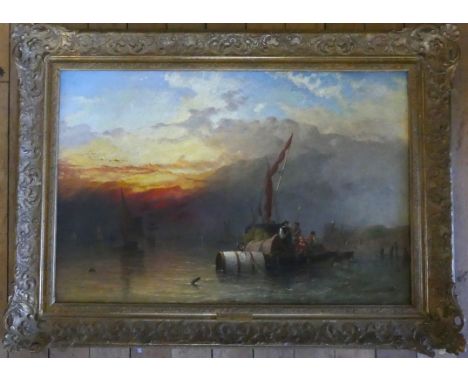 James Francis Danby (1816-1875) - 'Coastal landscape at twilight with fishing boats' Oil on canvas, signed, inset within orna