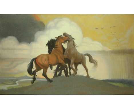 Kathleen Margaret Pearson (1898-1961) - 'Fighting Stallions' Pastel, signed and dated 1951, inset within bronze coloured fram