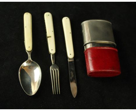 An early 20th Century three piece travelling folding cutlery serviceFitted in a chrome and red leather oval case, comprising 