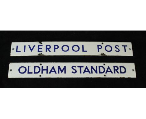 Two original advertising enamel strip signs'Oldham Standard' and 'Liverpool Post' 5x40cm 