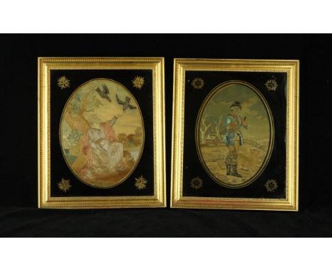 A pair of 18th Century silk tapestry panelsEach of oval form depicting a seated elder feeding birds and a gentleman smoking a