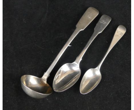 Banff; Three Scottish Provincial silver spoonsA Scottish provincial Fiddle pattern silver toddy ladle, initialled, by William