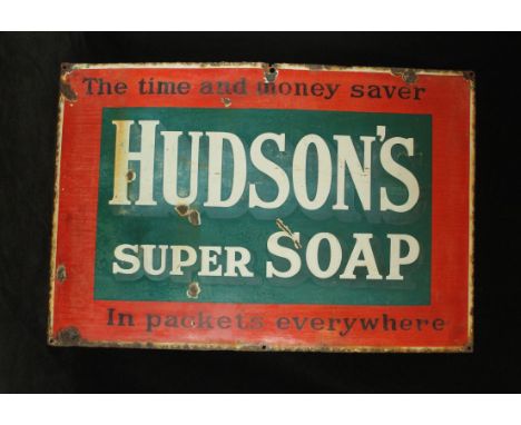 An original advertising enamel sign'Hudson's Soap The time and money saver in packets everywhere', 61x91cm