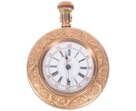 THE WATERBURY WATCH CO - an American rose gold plated open-face keyless fob watch, white enamel dial with black Roman numeral