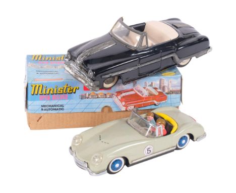 Mid-century tinplated toy vehicles - a Minister Open Duluxe 1950s style car, boxed, made in India, and a 2-seater Sports Car,