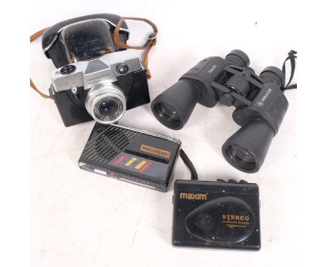 A Kodak Instamatic Reflex camera, with a Zenar F:84/45mm lens and case, a pair of Meade 10x50 binoculars, a Maxim stereo cass