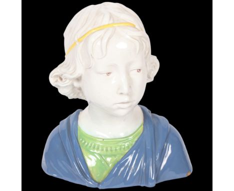 Cantagalli, an Italian Maiolica bust of a boy in Renaissance dress, after the sculpture by Andrea Della Robbia,&nbsp;with mak