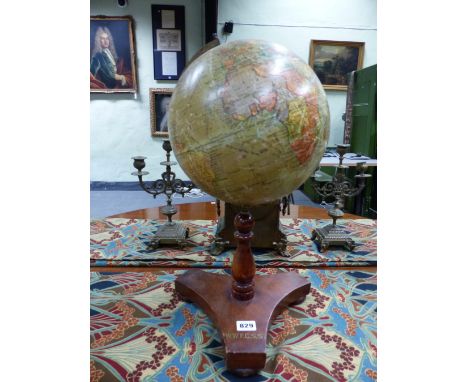 AN EARLY 20th.C. "GEOGRAPHIA" 10" TERRESTRIAL GLOBE WITH GILT BRASS SCALE ON STAINED WOOD STAND. H. 52cm