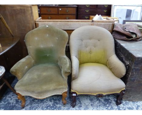TWO SIMILAR VICTORIAN BUTTON BACK ARM CHAIRS ON CARVED FORE LEGS.