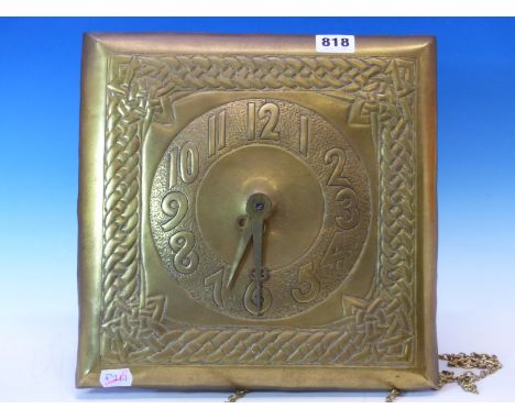AN ARTS AND CRAFTS BRASS FACED WALL CLOCK, THE MOVEMENT CHIMING ON THREE RODS, THE BRASS SQUARE DIAL WITH ARABIC NUMERALS ENC