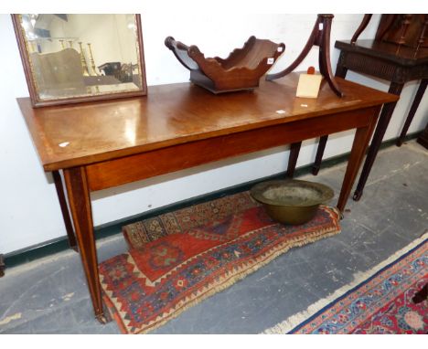 A 19th C. SATIN WOOD BANDED MAHOGANY CONSOLE TABLE, THE RECTANGULAR TOP ON SQUARE SECTION LEGS TAPERING TO CERAMIC CASTER FEE