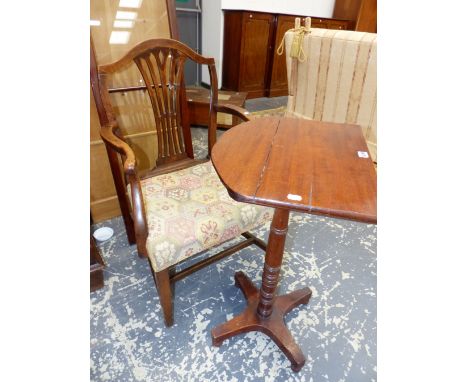 A 19th C. MAHOGANY FLAP TOP TABLE ON A TURNED COLUMN AND QUADRIPARTITE PLINTH.   W 48 x D 38 x H 71cms. TOGETHER WITH A 19th 