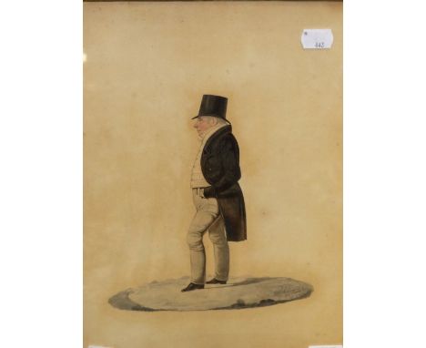 19th CENTURY ENGLISH SCHOOL. PROFILE PORTRAIT OF A STANDING GENTLEMAN, INDISTINCTLY SIGNED, WATERCOLOUR. 36 x 26cms
