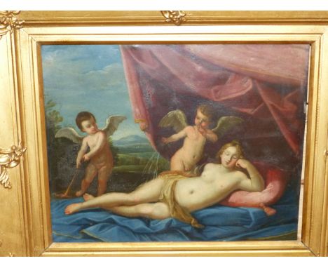 OLD MASTER SCHOOL A RECLINING MAIDEN BEING OBSERVED BY WINGED PUTTI, OIL ON COPPER PANEL 3305 x 42ms