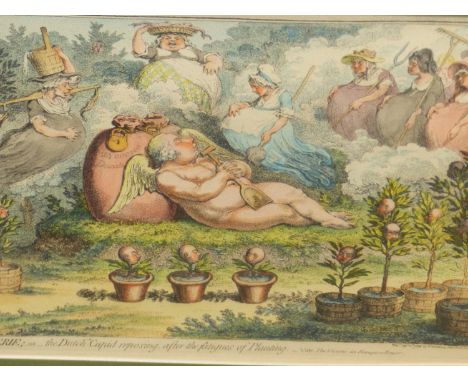 AFTER JAMES GILLRAY (1756-1815),AN ANTIQUE HAND COLOURED PRINT, THE ORANGERIE; OR THE DUTCH CUPID REPOSING AFTER THE FATIGUE 