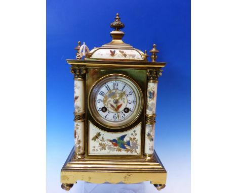 A GILT METAL AND PORCELAIN CASED JAPY FRERES MANTEL CLOCK STRIKING ON A COILED ROD, THE COLUMNS AND DIAL PAINTED WITH BUTTERF