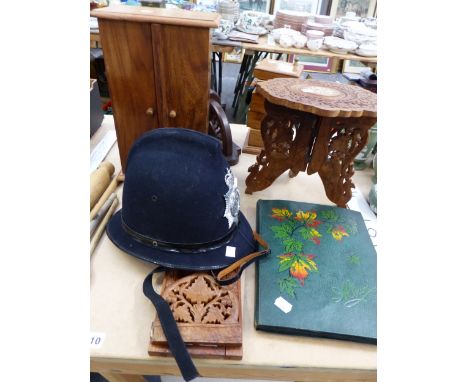 A VINTAGE POST CARD ALBUM, A CARVED WOOD AND INLAID SMALL TRIPOD TABLE, A WOODEN JEWELLERY BOX AND ONE OTHER, CARVED WOOD BRA