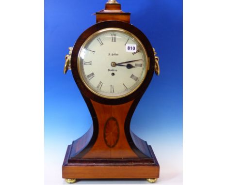 ALEXANDER SELLAR, READING, A 19th C. CALAMANDER CROSS BANDED SATIN WOOD BALLOON SHAPED CLOCK, THE TIMEPICE WITH PAINTED DIAL 