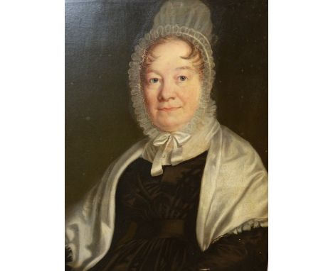 MID 19th CENTURY ENGLISH SCHOOL. PORTRAIT OF A LADY, INSCRIBED VERSO, OIL ON CANVAS. 92 x 72cms