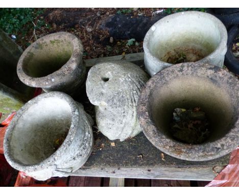 FIVE VARIOUS ANTIQUE AND VINTAGE GARDEN URNS, TOGETHER WITH A FIRE BUCKET  (6).