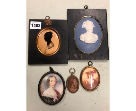 AN OVAL WATERCOLOUR PORTRAIT MINIATURE OF A VICTORIAN LADY, ANOTHER PRINTED, A SILHOUETTE OF A LADY REVERSE PAINTED ON GLASS,