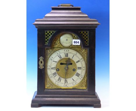 HAYDOCK ANDREWS, DUBLIN, AN 18th C. EBONY CASED MANTEL CLOCK, THE VERGE ESCAPEMENT MOVEMENT STRIKING ON A BELL, THE SILVERED 