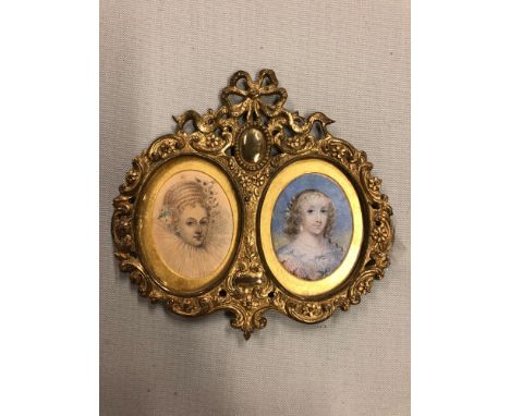 A PAIR OF WATERCOLOUR PORTRAIT MINIATURES OF QUEEN ELIZABETH AND OF A CHARLES 1ST COURT LADY, THE GILT METAL COMMON FRAME INS
