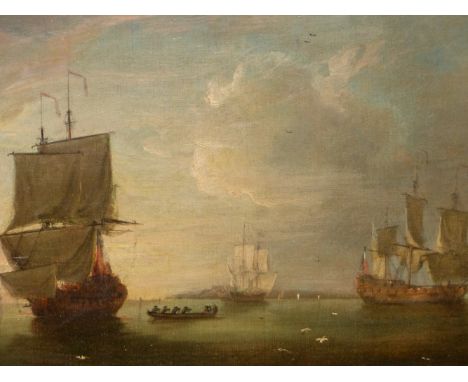 OLD MASTER SCHOOL WARSHIPS MOORED IN A ESTUARY PROBABLY DUTCH, OIL ON CANVAS 32 x 45cms