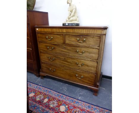 A 19th C. MAHOGANY CHEST OF TWO SHORT AND THREE GRADED LONG DRAWERS ON SHAPED BRACKET FEET, HERRING BONE LINE INLAY BELOW THE