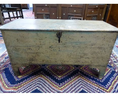 A GEORGIAN PALE BLUE PAINTED PINE COFFER ON BRACKET FEET, THE INTERIOR WITH A CANDLE BOX. W 102 x D 41 x H 55cms.