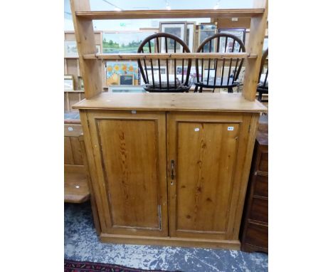 AN ANTIQUE PINE SIDE CABINET WITH RAISED SHELF OVER. 