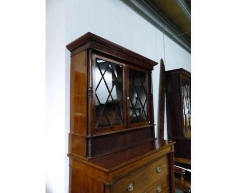 A 19th C. MAHOGANY SECRETAIRE BOOKCASE, THE TOP WITH ASTRAGAL GLAZED DOORS ABOVE A TAMBOUR COVERED SHELF RECESSED ABOVE THE S