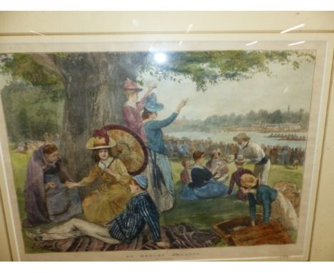 A HAND COLOURED PRINT OF THE HENLEY REGATTA. 35 x 49cms. TOGETHER WITH VARIOUS DECORATIVE FURNISHING PICTURES INCLUDING LANDS