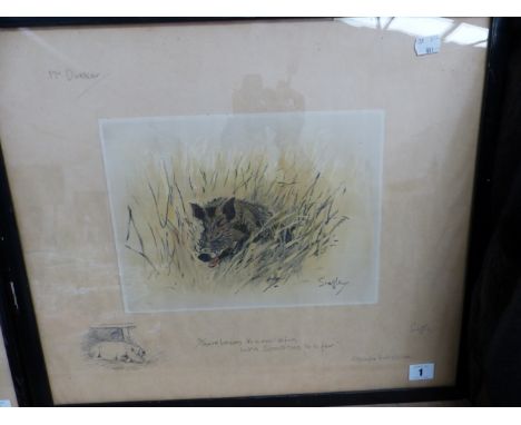 SNAFFLES, CHARLES JOHNSON PAYNE (1884-1967) A PENCIL SIGNED COLOUR PRINT OF A WILD BOAR. 43 x 51cms