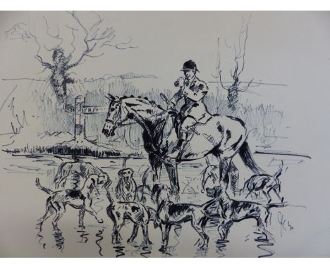 JOHN KING (1929-2014) ARR, HUNTSMAN WITH HOUNDS, SIGNED PEN AND INK DRAWING. 25 x 35cms TOGETHER WITH A WATERCOLOUR OF A FARM