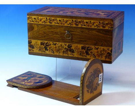 A 19th C. TUNBRIDGE WARE TEA CADDY CONTAINING TWO CANISTERS AND A GLASS MIXING BOWL.   W 30.5cms. TOGETHER WITH A TUNBRIDGE W