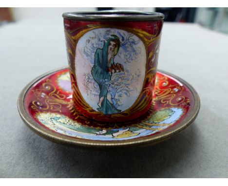 A&nbsp; CONTINENTAL RED ENAMEL ART NOUVEAU CUP AND SAUCER WITH DESIGNS IN THE MANNER OF ALPHONCE MUCHA