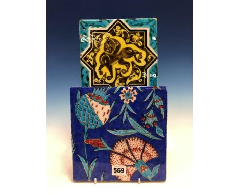 A MIDDLE EASTERN TILE PAINTED WITH A TIGRESS ON A YELLOW GROUND WITHIN A STAR AND TURQUOISE SPANDRELS TOGETHER WITH ANOTHER P