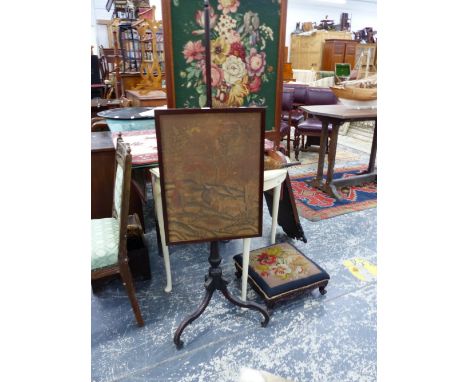 AN ANTIQUE MAHOGANY POLE SCREEN TOGETHER WITH A FIRESCREEN AND A SET OF BELLOWS. 